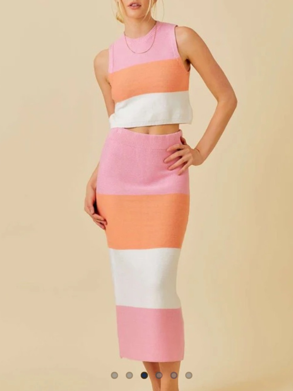 Sunset Colorblock Knit Midi Skirt - Pink/Peach/White (Size Small)